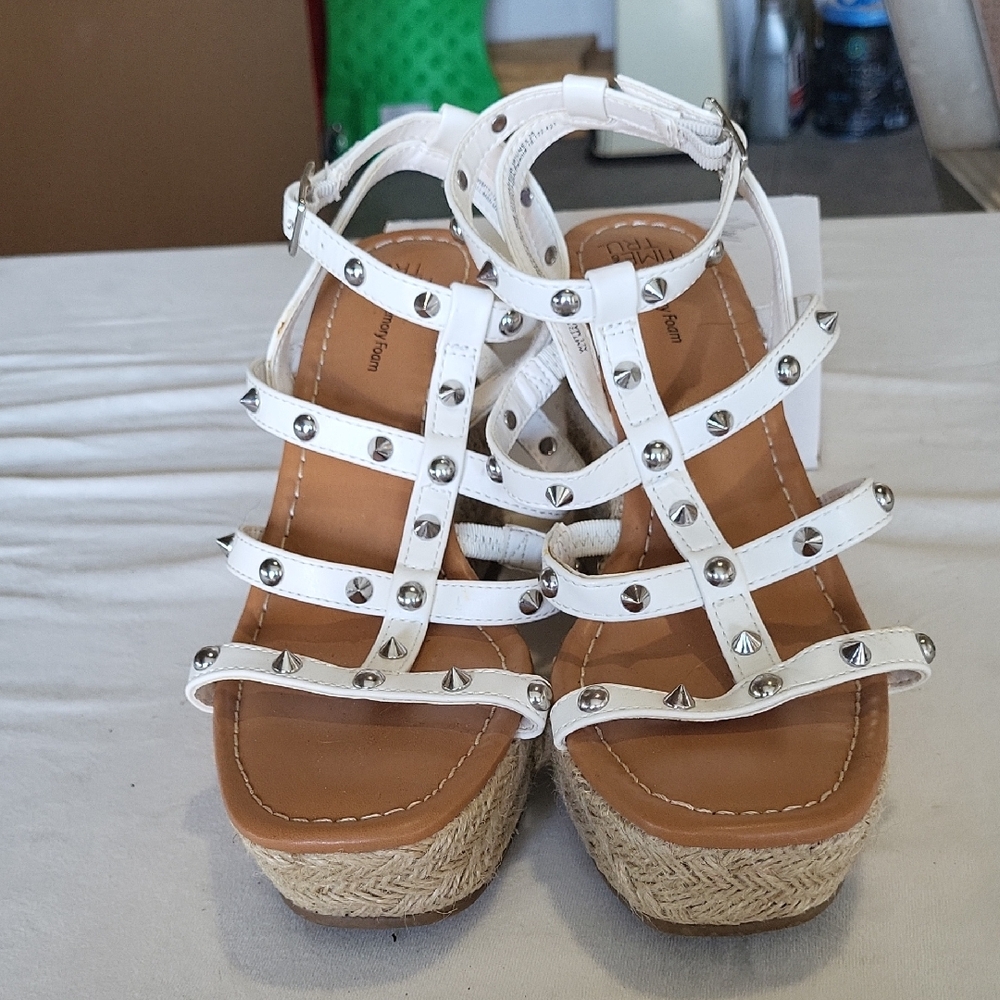 White Studded Espadrille Wedge Sandals with Ankle Strap 3010